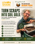Promotional flyer for a live workshop with Peter from The Australian Worm Firm, featuring a smiling man holding a compost pile in a garden setting. The flyer includes text about turning kitchen scraps into soil gold and various workshop details.